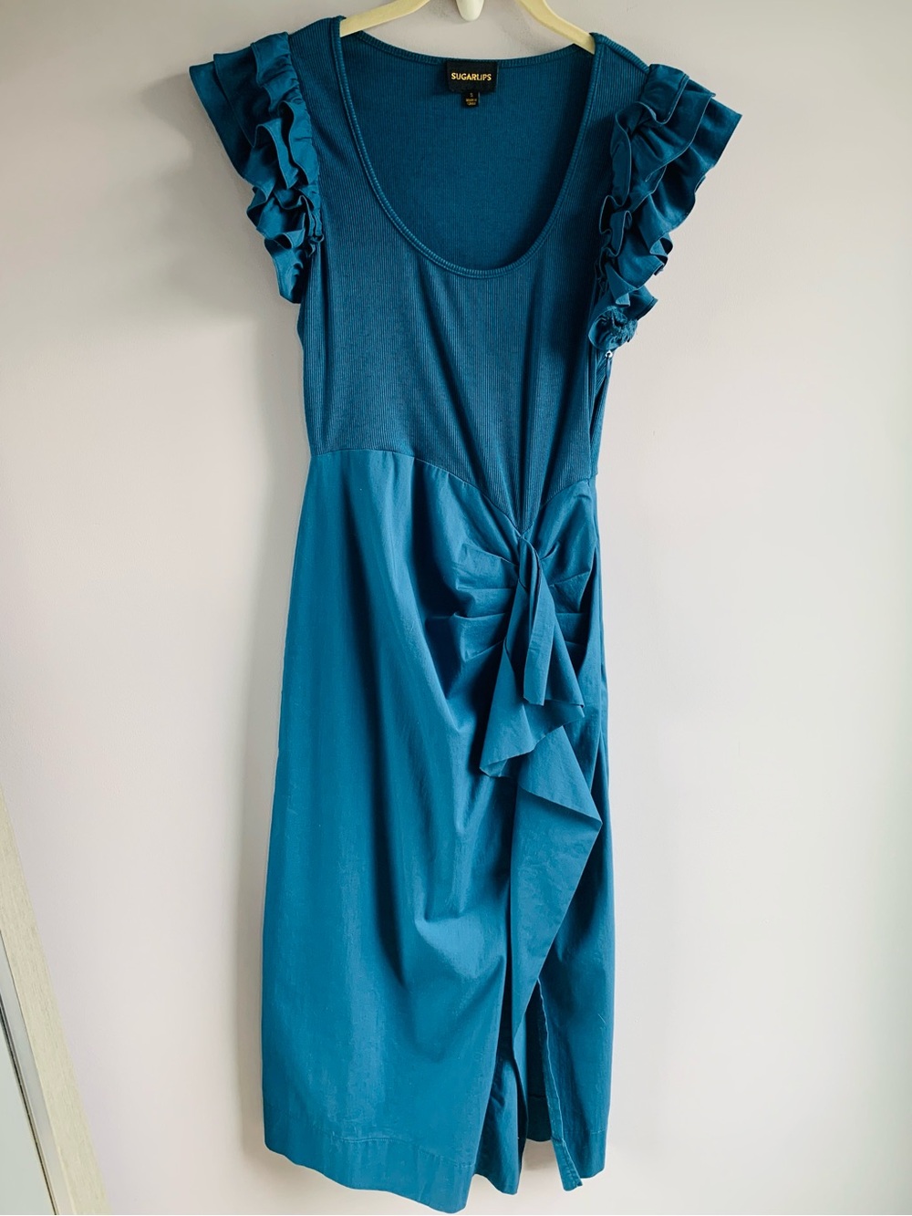 Sugar Lips Dress Deep Teal Aqua Waterfall Ruffled Sleeves Formal Party EUC Small - Picture 1 of 7